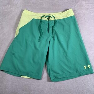 Under Armour Board Shorts Mens 34 Green‎ Yellow HeatGear Drawstring Quick Dry
